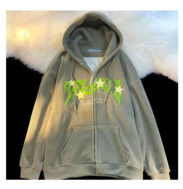 Threebooy Fashion Embroidery Zip Up Hoodies Women Autumn Long Sleeve Tops Loose Hood Shirt Harajuku Y2K Clothes Female Sweatshirt Jacket