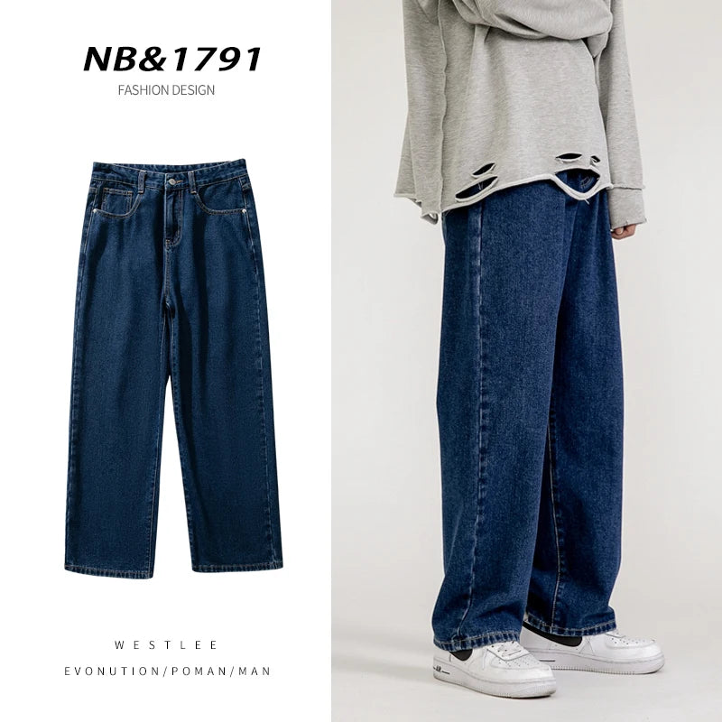 Threebooy  Korean Fashion Men's Baggy Jeans Classic All-match Solid Color Straight-leg Denim Wide-leg Pants Male Light Blue Grey Black