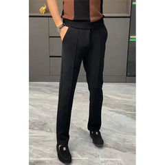 Threebooy  Simplicity Trend Spring Autumn Suit Pants Men Solid Pockets Zipper Smart Casual Office Social Slim Bound Feet Straight Trousers