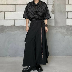 Threebooy Mens Chinese Style Retro Irregular Layered Culottes Essential Genderless Fashion Trend Double Layer Loose Wide Leg Pants Unisex