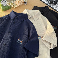 Threebooy Bubble Yarn Embroidered Shirt Short-sleeved Summer Thin Breathable Quick-drying Beach Shirt Couple Half-sleeved Jacket