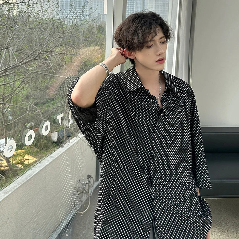Threebooy Fashion Plaid Batwing Blouse Men 3/4 Sleeves Elegant Shirt Button Decor Women Tops Oversized Casual Streetwear Party Shirts