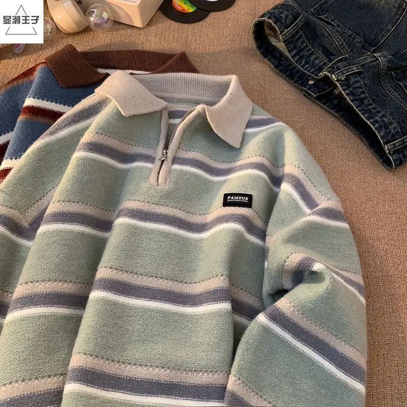 Korean hip-hop autumn and winter half zip polo collar striped sweater for men and women loose and trendy retro Harajuku casual