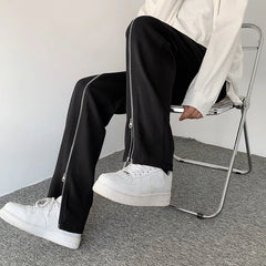 Threebooy Zipper Black Pants Men's Loose Drape Straight Wide-leg Trousers Fashion Spring Summer Solid Color Casual All-match Casual Pants