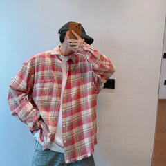 Threebooy 2024 Loose Casual Pink Plaid Shirt Tops men's Clothing Autumn Retro Versatile Cotton Lapel Oversize Long Sleeve Shirt Blouse