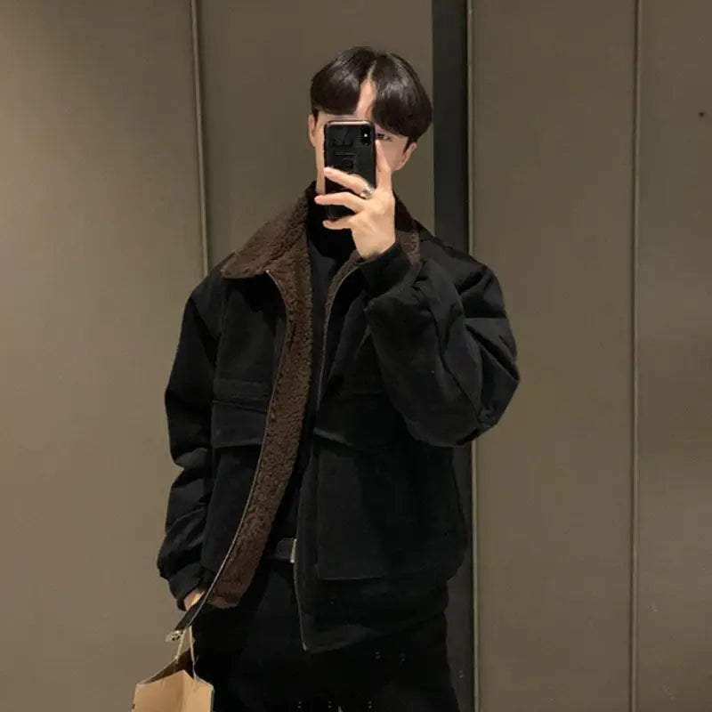 Threebooy Lamb Coat Men's Winter Velvet Thickened Short Autumn High Street Jacket Turndown Colllar Long Sleeves Zipper Pockets Jackets