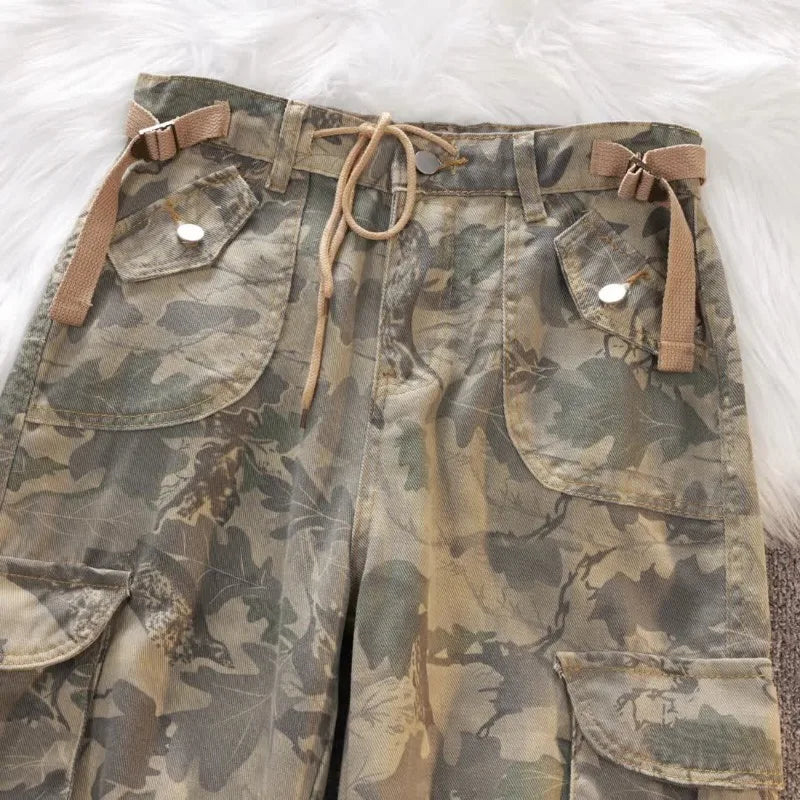 Threebooy Gothic Harajuku American Camouflage Drawstring Casual Trousers Leaf Pattern High Street Hip Hop Y2k Straight Leg Wide Leg Pants
