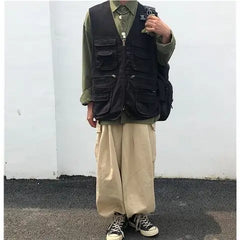 Threebooy Cargo High-end Vest Korean Style Streetwear Japanese Retro Functional Multi-pocket Work Solid Color Pocket Vest Jacket Aesthetic