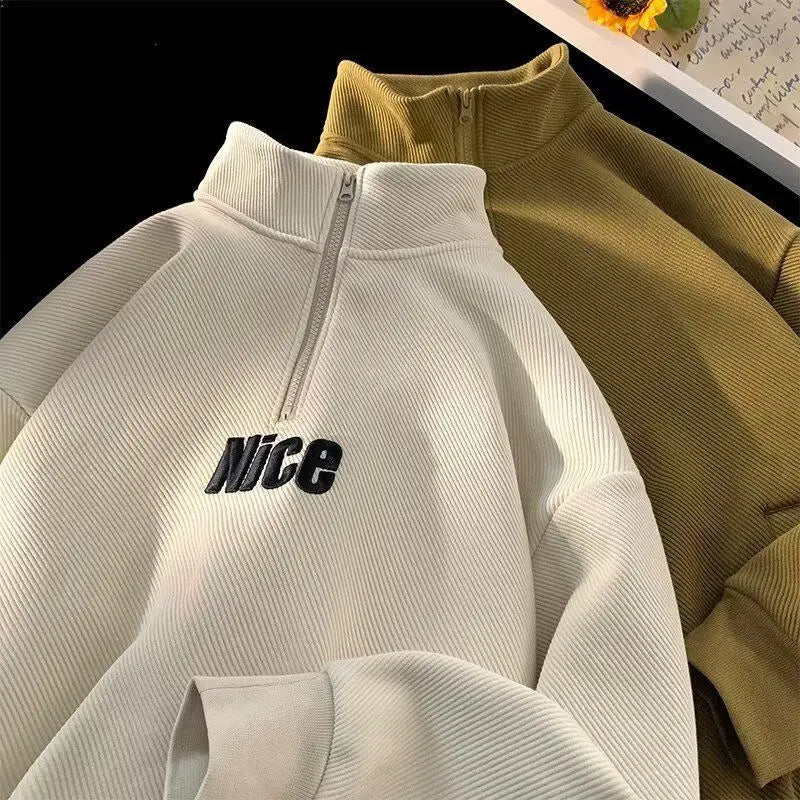Threebooy  Half Turtleneck Zipper Sweatshirt Men's Spring High Street American Retro Jacket Design Niche High-end Trend Spring Autumn Top