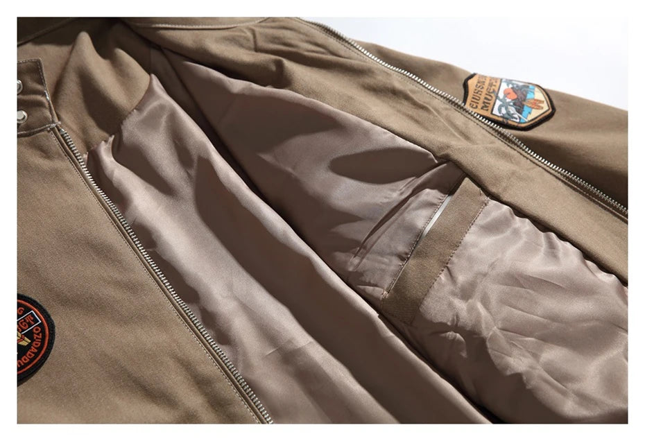 Threebooy Vintage Badge Embroidery Bomber Jacket Men Streetwear Harajuku Large Pockets Cargo Coat Oversized Autumn New Loose Casual Jacket