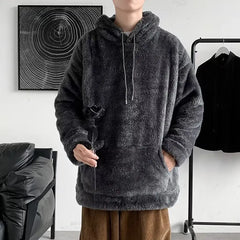 Threebooy Oversize Hooded Sweatshirt Lamb Long Sleeve Men's Sweatshirt Korean Winter Fashion Fleece Hoodies Streetwear Harajuku Pullover