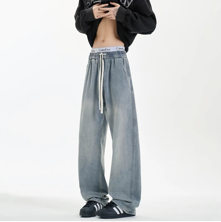 Threebooy New Men's Jeans Washed Jeans Pants Unisex Drawstring Denim Pants Male Streetwear Korean Straight cylinder loose Cowboy Trousers