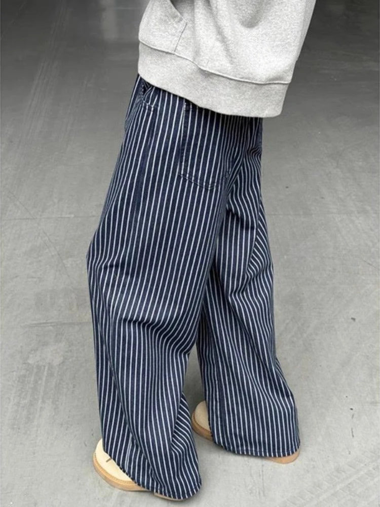 Threebooy  Vintage Blue Striped Jeans Women Y2k Hip Hop Grunge Straight Denim Trousers Punk High Waist Streetwear Wide Leg Jeans