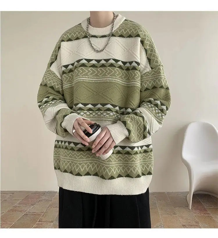 Threebooy Autumn and Winter Round Neck Sweater for Men Casual Trendy Brand Streamer Lazy Style Contrast Striped Knitted Sweater