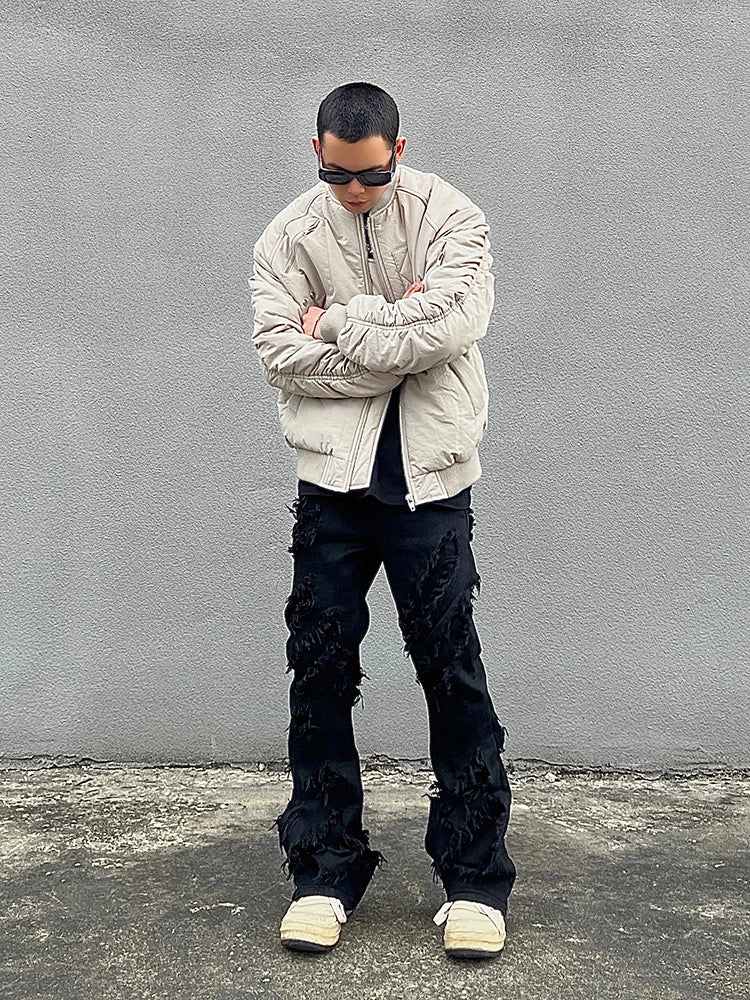 Threebooy Destroyed Erosion Jeans Men's Ins Fashion Brand ro Pants High Street vibe Broken Straight Barrel Micro Flared Pants