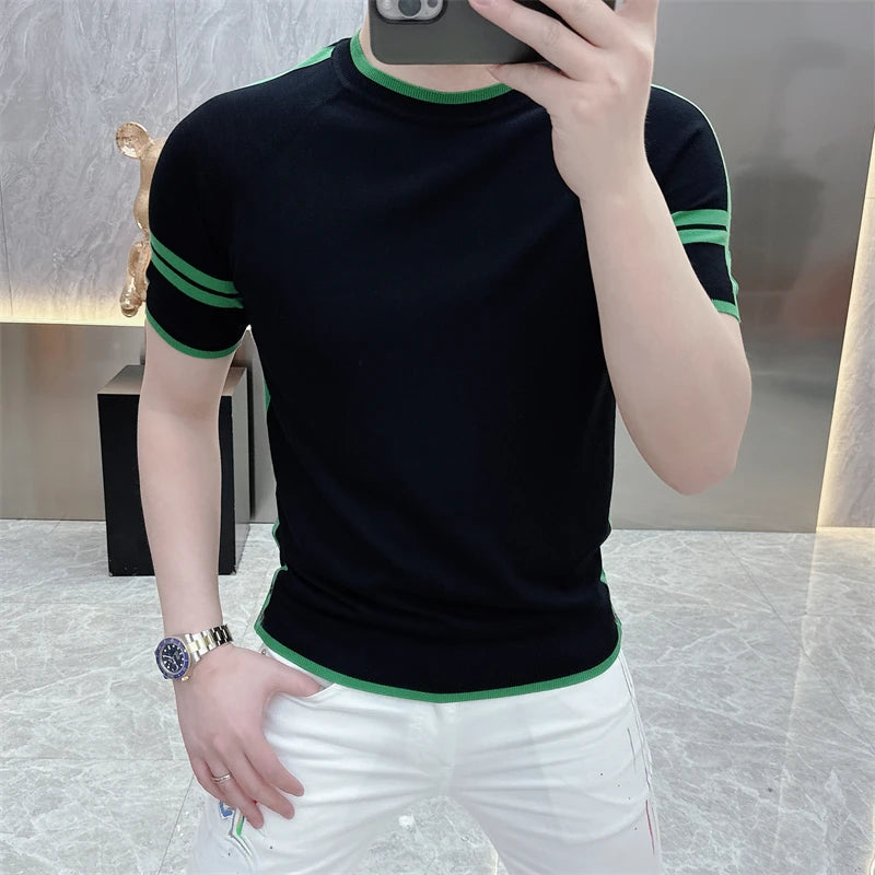 Threebooy  Summer Knitted Striped T-shirt for Men Elastic Ice Silk Short Sleeve Round Neck T-shirt Slim Fit Casual Business Tee Tops M-4XL