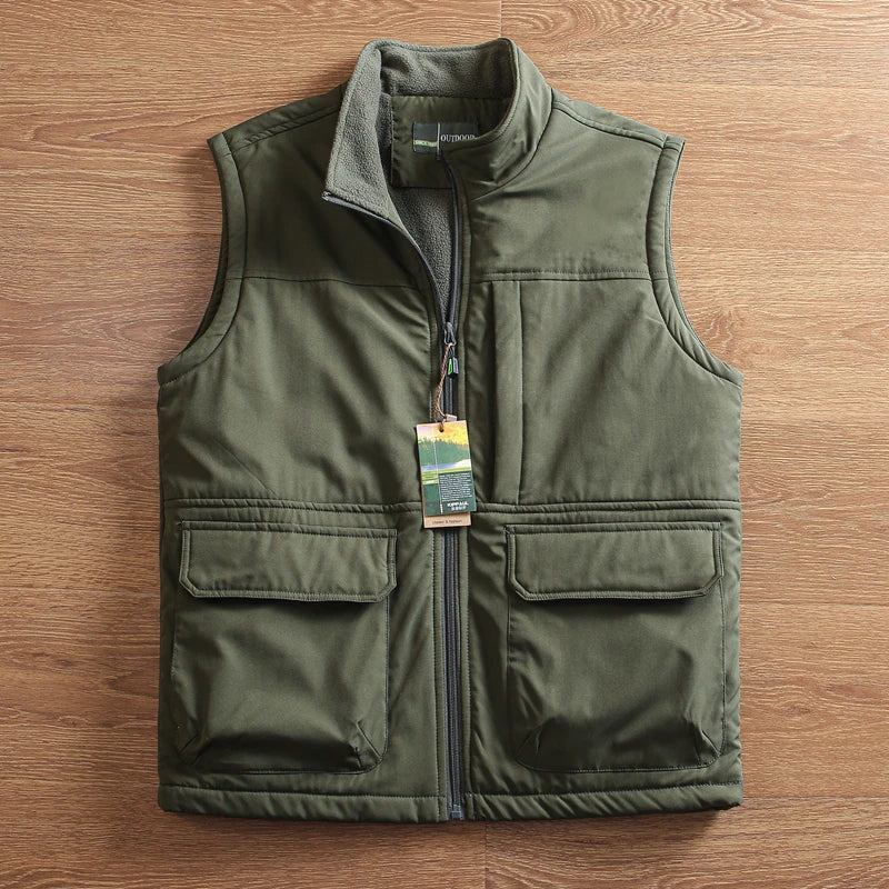 Threebooy Functional Workwear Vest Men Winter Outdoor Windproof Water-proof Plus Velvet Thickened Warm Standing Collar Fleece Waistcoat