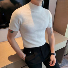 Threebooy Autumn New Short Sleeve Knitted Sweater Men Tops Clothing 2024 All Match Slim Fit Stretch Turtleneck Casual Pull Homme Pullovers