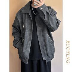 Threebooy 2024 Men's Vintage Pu Leather Jackets Fashion Trend Streetwear Coats Lapel Collar Casual Brown/Black Color Outerwear M-2XL