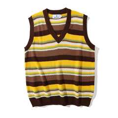 Threebooy Striped Vintage Sweater Vest Men's Knitted Sleeveless Men Sweaters Retro V-neck Pullover Japanese Streetwear Harajuku