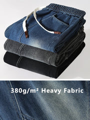 Threebooy Men's Straight Baggy Jeans 380g/m² Heavy Fabric Elastic Waist Drawstring Wide Leg Denim Pants Street Y2K Long Jeans 3 Pockets