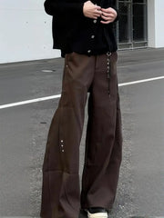 Threebooy  Y2k Streetwear Brown Baggy Pants Men Button Wide Leg Suit Pants Cleanfit Straight Long Curved Trouser Loose Casual