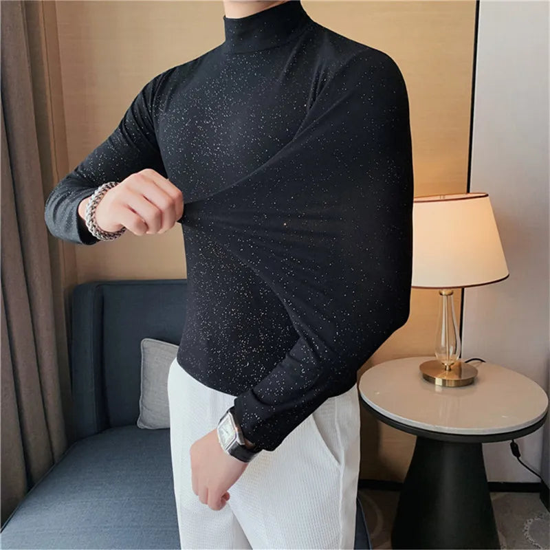 Threebooy  Brand Clothing Men Spring High Quality Turtleneck Pullover T-Shirts/Male Slim Fit Sequins Decoration Long Sleeve T-Shirts