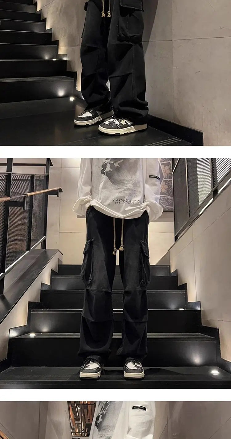 Threebooy High street hip-hop men and women trendy personality large pocket straight leg washed denim jeans couple retro casual pants y2k