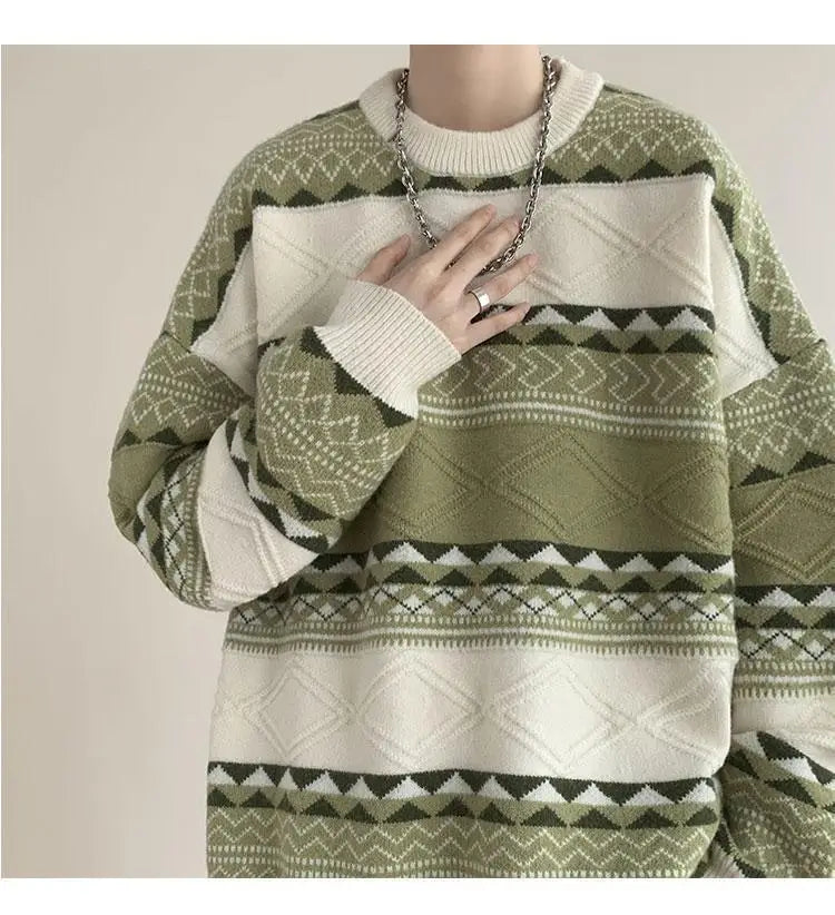 Threebooy Autumn and Winter Round Neck Sweater for Men Casual Trendy Brand Streamer Lazy Style Contrast Striped Knitted Sweater