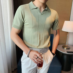 Threebooy High Quality V Neck Knitted Polo Shirt Men Short Sleeve Summer New Fashion Mens Casual Polos Slim Fit Streetwea POLO Homme