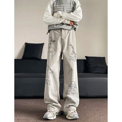 Threebooy  Men Loose Fit Straight Leg Printed Jeans Casual Comfort Denim Pants Streetwear Trendy Fashion Hip Hop Baggy Denim Trousers
