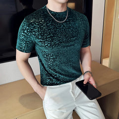 Threebooy  Men's Semi High Neck T-shirt Fashionable Gold Velvet Pleated Hot Stamping T-shirt Versatile Base Shirt Slim Fit Men's Clothing