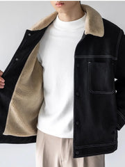 Threebooy Japan Style Cityboy Parkas Lamb Velvet Fur One-piece Jacket Men's Winter Suede Jacket Warm Thickened Workwear Outer Lapel Top