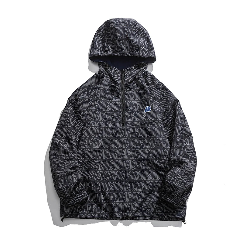 Threebooy Oversized Hooded Jacket Vintage Loose Harajuku Windbreaker Jackets Men Printed Bomber Jacket Outerwear Multi-pocket For Men