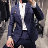 Threebooy Top Quality Double Breasted Striped Suits for Men Stripe Clothing Wedding Dress Business Formal Wear Casual Blazer Jackets+Pants