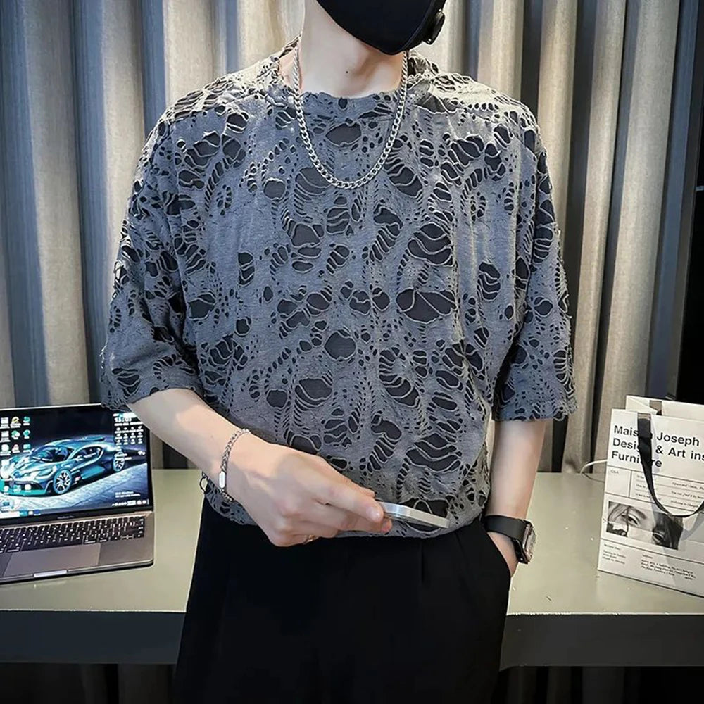 Threebooy Korea Fashion Streetwear Lace Hole Tops Summer T-Shirts Party Club Sexy Mens Clothing Ripped Short Sleeve T-Shirt Hollow Design