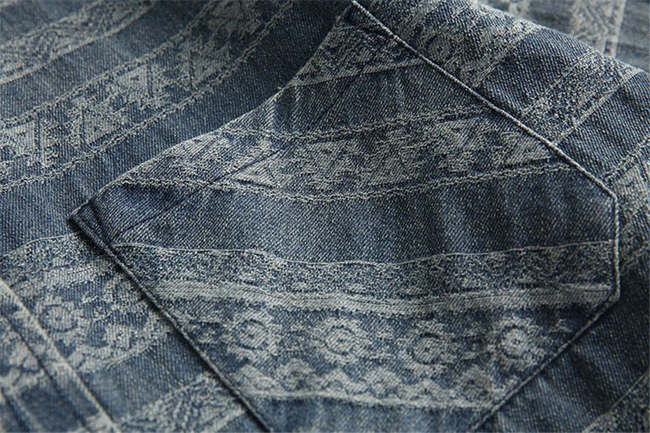 Threebooy Vintage Print Denim Shirts Mens National Style Long Sleeve Shirt for Men Harajuku Loose Casual Cotton Blouse Jeans Coats Male