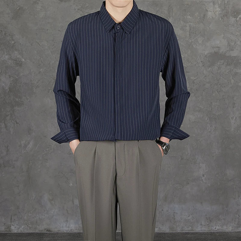 Threebooy  New Naples Business Men Shirts Light Luxury Textured Lapel Striped Long Sleeve Cardigan Leisure Premium Commuter Blouse S-4XL