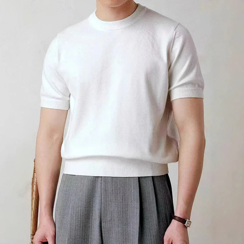 Threebooy  New Korean Fashion Men T-shirt Light Luxury Knitted Breathable O Neck Tees Casual Slim-fit Solid Color Short Sleeve Basic Tops