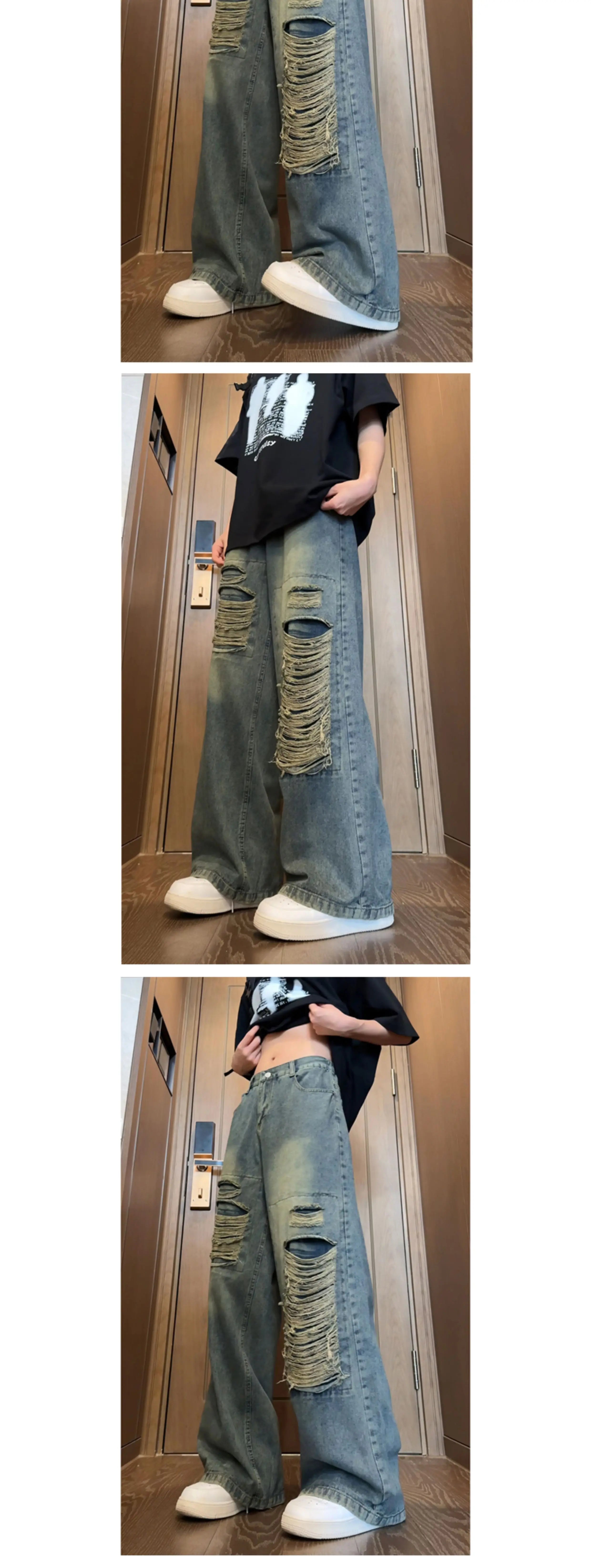 Threebooy Beggar jeans men Vintage Streetwear Ripped Hole Jeans Men Women Harajuku Aesthetic Wide Leg Denim Trousers Unisex Straight Pants