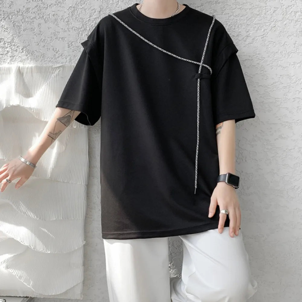 Threebooy Hip Hop T-shirts Men Simple Popular Korean Style Bandage Design Loose Individual Chic Comfortable Patchwork Students Summer Tees