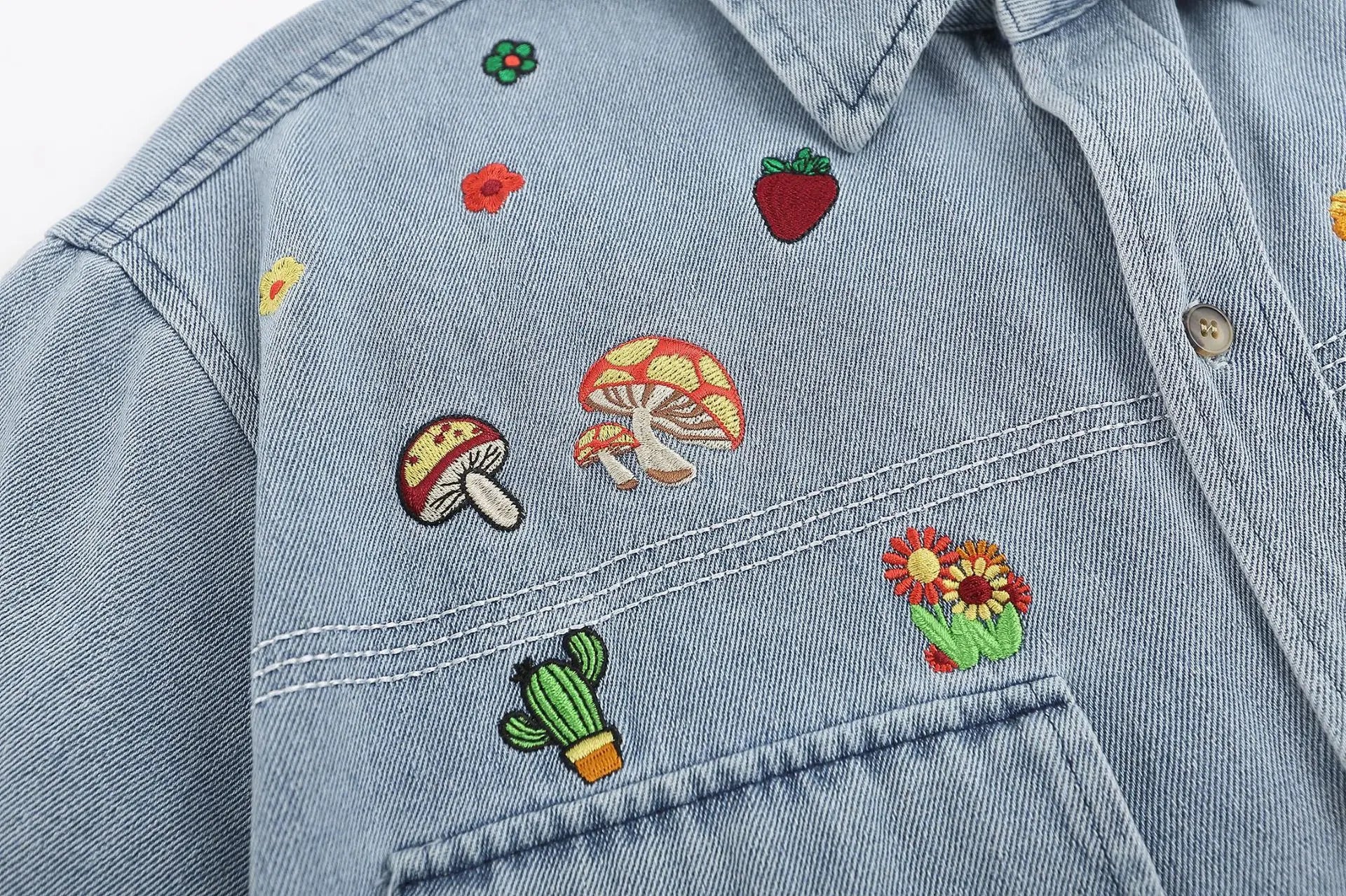 Threebooy  Japanese Retro Denim Shirts for Men Short Sleeve Button Down Shirt Jacket Oversize Summer Men's and Women's Embroidery Top