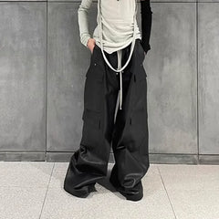 Threebooy Matte PU Leather Pants for Men High Street Y2k Pantalones Hombre Baggy Overall Wide Leg Drawstring Cargo Pants