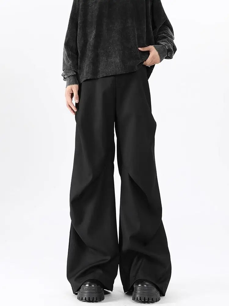 Threebooy American High Street Pleated Pants Floor Mopping Micro Trumpet Black Trousers Luxury Sense Clean Fit Casual Curved Knife Pants