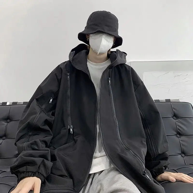 Threebooy Autumn Winter Men's Black Knight American Long Sleeve Hoodies New Loose Functional Workwear Hooded Jacket Coat