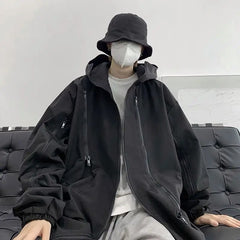 Threebooy Autumn Winter Men's Black Knight American Long Sleeve Hoodies New Loose Functional Workwear Hooded Jacket Coat