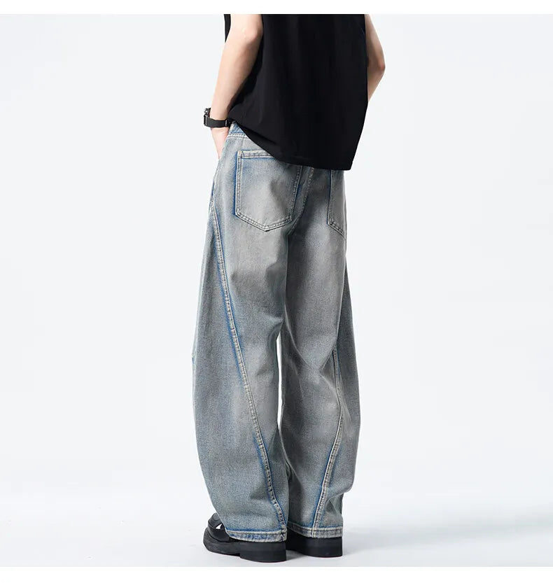 Threebooy Mens Loose Fit Patchwork Wide Leg Washed Jeans Vintage Denim Pants Casual Streetwear Comfort Trendy Baggy Trousers Hip Hop