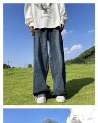 Threebooy American High Street Jeans Men's Striped Patchwork Denim Pants Summer Loose Straight High-end Retro Versatile Wide-leg Trousers