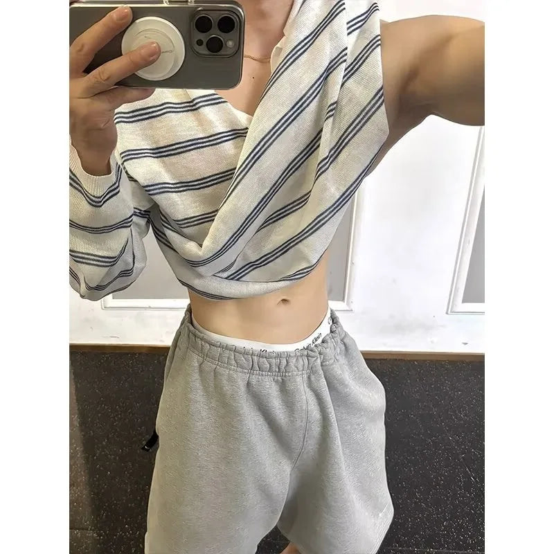 Threebooy  New Japanese Striped Male Polo Shirt Trendy Loose V Neck Knitted Long Sleeve T-shirt Casual Lazy Sports Fitness Basic Tops M-3XL