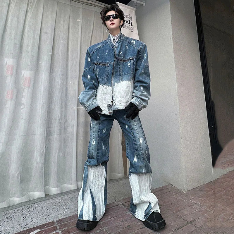 Threebooy Men's New 2-Piece Bleached Faded Denim Set